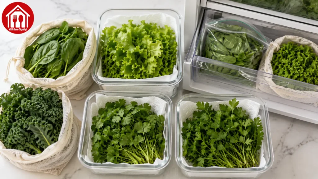 How to store leafy greens like spinach, lettuce, kale, coriander, and parsley to keep them fresh longer