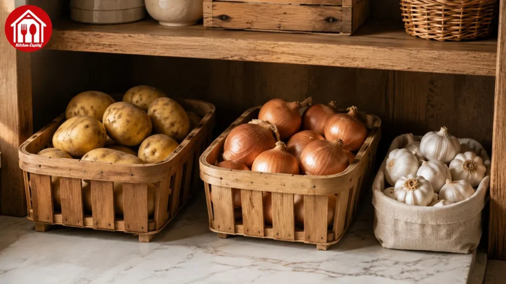 Proper storage of potatoes, onions, and garlic in a cool, dry, and ventilated place