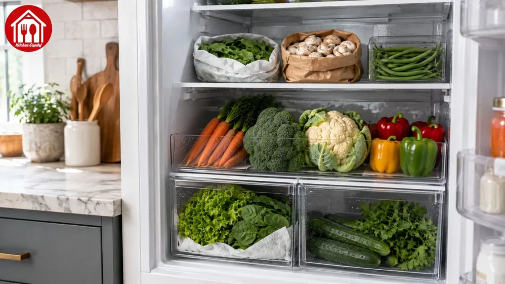 How to store vegetables in the fridge with carrots, broccoli, cauliflower, spinach, peppers, cucumbers, and mushrooms